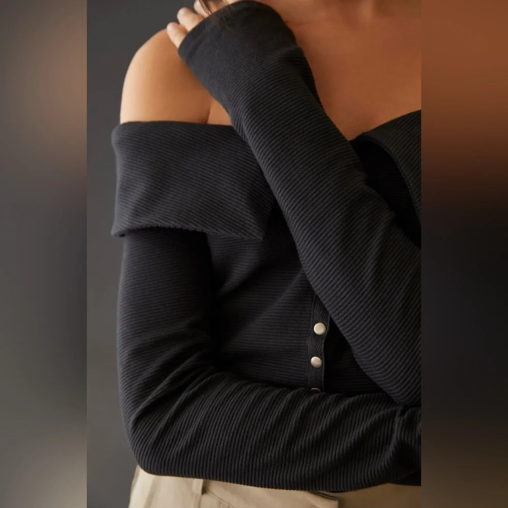 NWT Maeve Anthropologie Ribbed Off Shoulder Snap Button cardigan top w/ collar L - Picture 4 of 10